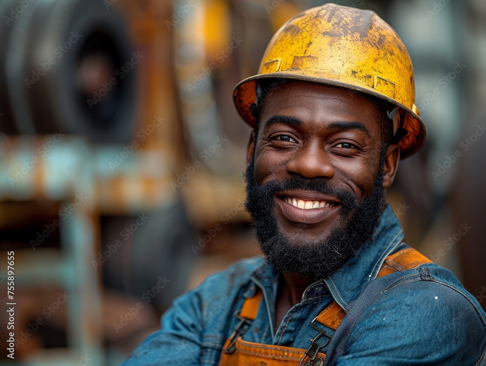 An industrial worker with a confident smile and crossed arms wearing a hard hat in a manufacturing setting. An industrial worker with a confident smile and crossed arms wearing a hard hat in a manufacturing setting.