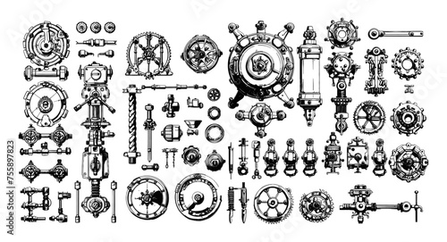 Gear generator clutch mechanisms retro threaded machinery parts, pencil sketch vector set. Black and white vintage technical equipment isolated on white background