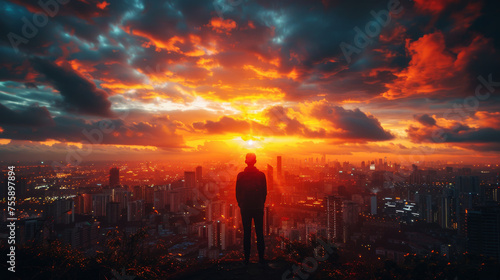 A contemplative silhouette stands overlooking a vast cityscape against the backdrop of a fiery sunset sky.