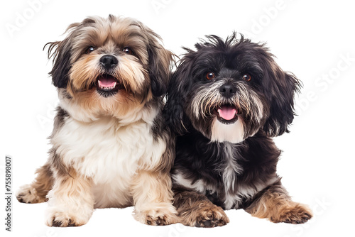 Two dogs with different colors sit together isolated on a transparent background