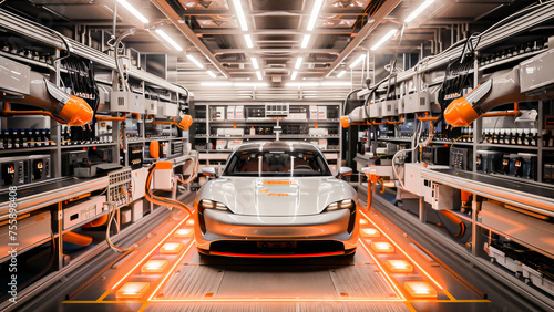 Modern car manufacturing plant with robots and high-tech automation producing an electric vehicle on the assembly line.