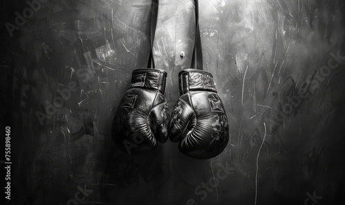 Hanging black boxing gloves on grungy wall photo