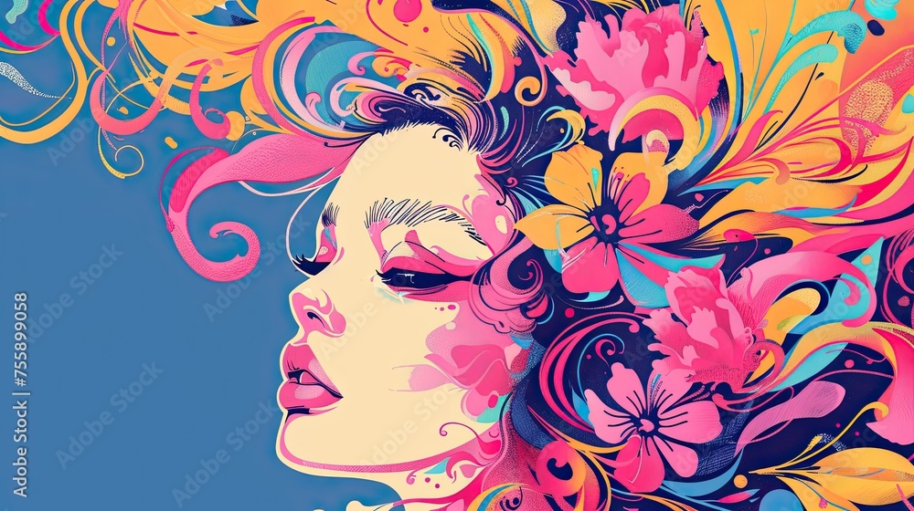 A vibrant illustration of a woman with a colorful floral design in her hair