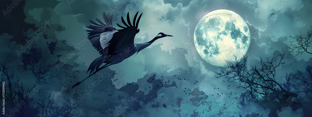 Fototapeta premium Twilight Flight: A Crane's Silhouette Against the Moon