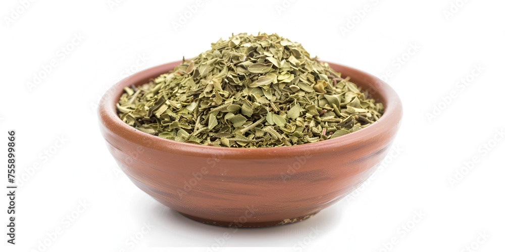 Oregano in wooden bowl isolated on white background ,include clipping path  or Kasoori Methi or dried fenugreek leaves also known as Trigonally Frenum Gareca. Oregano isolated on white background .