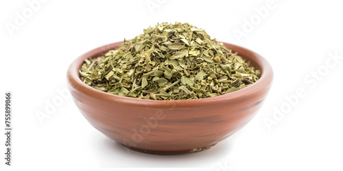 Oregano in wooden bowl isolated on white background ,include clipping path or Kasoori Methi or dried fenugreek leaves also known as Trigonally Frenum Gareca. Oregano isolated on white background .
