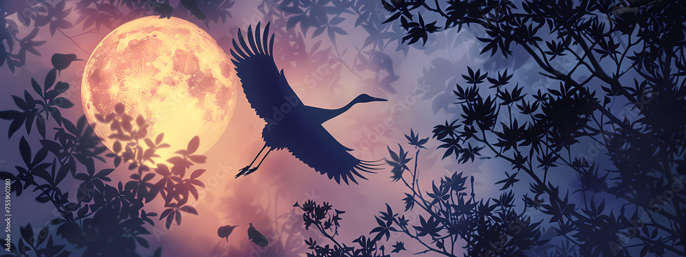 Fototapeta premium Twilight Flight: A Crane's Silhouette Against the Moon