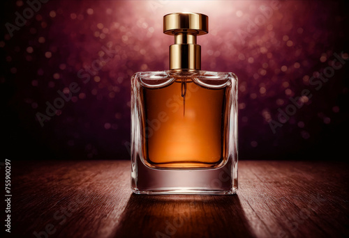 Frasco de perfume dorado, superficie de madera, luz solar, sombras, ambiente cálido