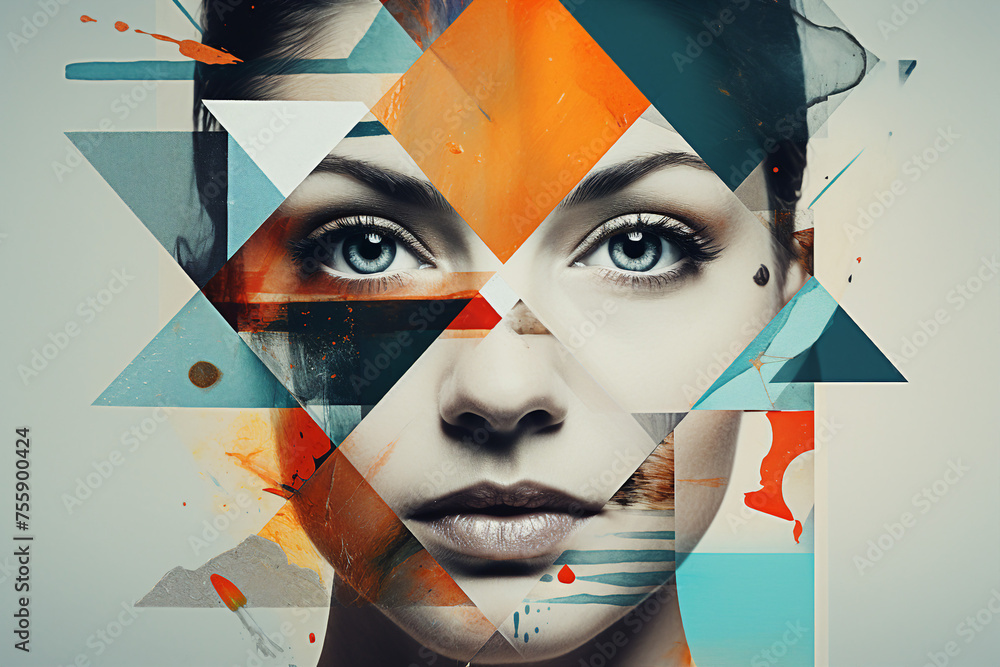 Generative AI picture Abstract modern art collage portrait of young woman man Trendy paper collage composition - obrazy, fototapety, plakaty 