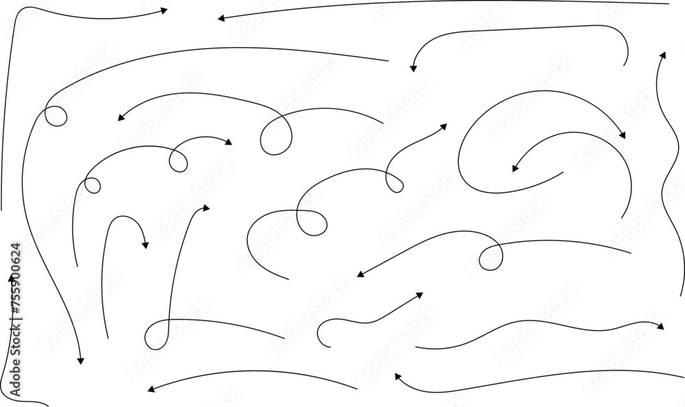Hand drawn arrows. Hand drawn freehand different curved lines, swirls arrows. Curved arrow line. Doodle, sketch style. Isolated Vector illustration Hand drawn arrows. Hand drawn freehand different curved lines, swirls arrows. Curved arrow line. Doodle, sketch style. Isolated Vector illustration