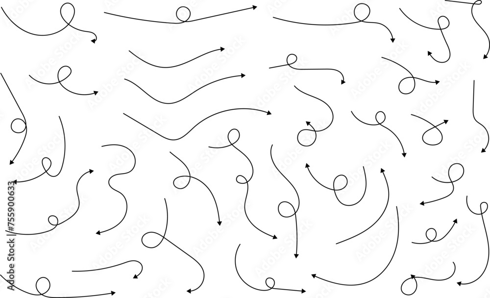 Hand drawn arrows. Hand drawn freehand different curved lines, swirls arrows. Curved arrow line. Doodle, sketch style. Isolated Vector illustration Hand drawn arrows. Hand drawn freehand different curved lines, swirls arrows. Curved arrow line. Doodle, sketch style. Isolated Vector illustration