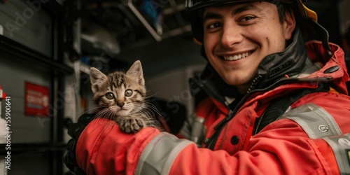 International Firefighters Day, portrait of a male firefighter holding a gray cat, pet rescue, the concept of dangerous and risky professions