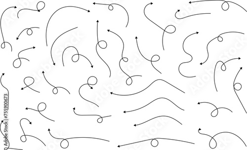 Hand drawn arrows. Hand drawn freehand different curved lines, swirls arrows. Curved arrow line. Doodle, sketch style. Isolated Vector illustration