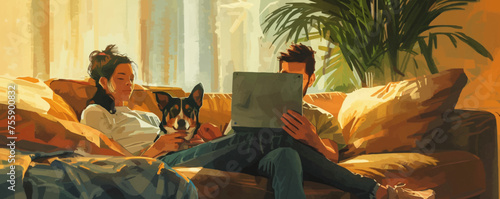 Couple chill dog love home lifestyle dwelling laptop leisure