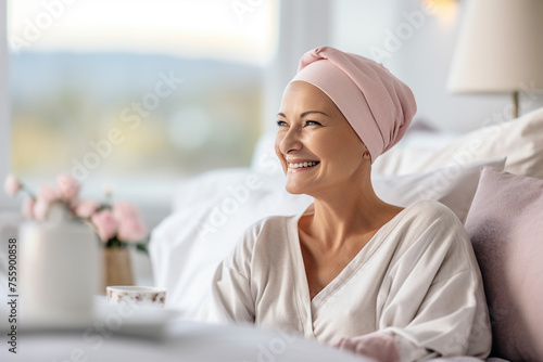 Mature caucasian bald woman in headwear living after surviving breast cancer generative ai
