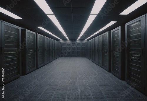 Futuristic background image of rack server with blinking lights in supercomputer, copy space