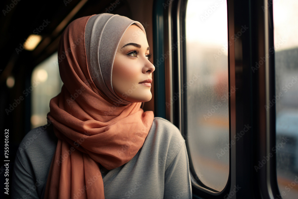 Generative ai collage digital image of islamic woman travel on vehicle Generative ai collage digital image of islamic woman travel on vehicle