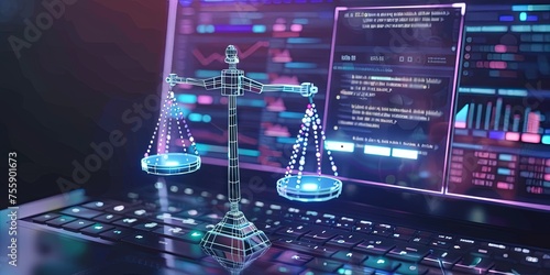 Legal and attorney website concept with scales of justice and a laptop computer photo