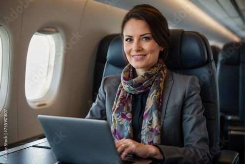 Lächelnde Geschäftsfrau arbeitet auf Laptop in Flugzeug Business Class