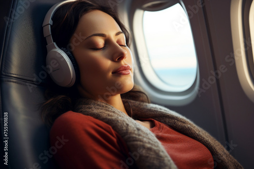 AI generated image of person flying abroad in commercial comfortable airplane © deagreez