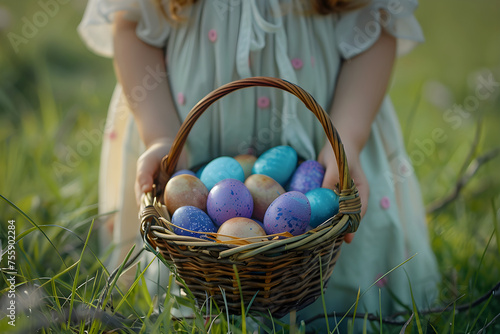 Kid on Easter egg hunt in spring sunny garden. Child with basket play and searching colorful eggs in meadow. Background for card, banner, flyer with copy space
