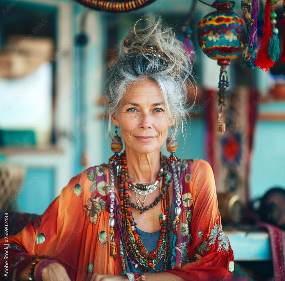 Aged woman with long blonde hair confident, positive emotions, homemade jewelry, neutral background.
