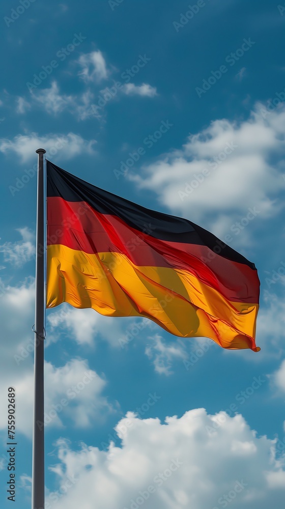 Germany flag waving in the wind on blue sky with clouds background Germany flag waving in the wind on blue sky with clouds background