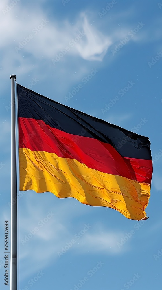 Germany flag waving in the wind on blue sky with clouds background Germany flag waving in the wind on blue sky with clouds background