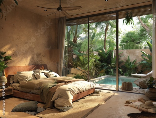 Large bedroom with a view of the outdoor pool  Caribbean style