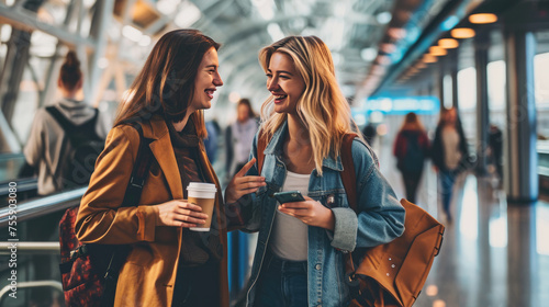 Young women are sharing a joyful moment together in an airport terminal