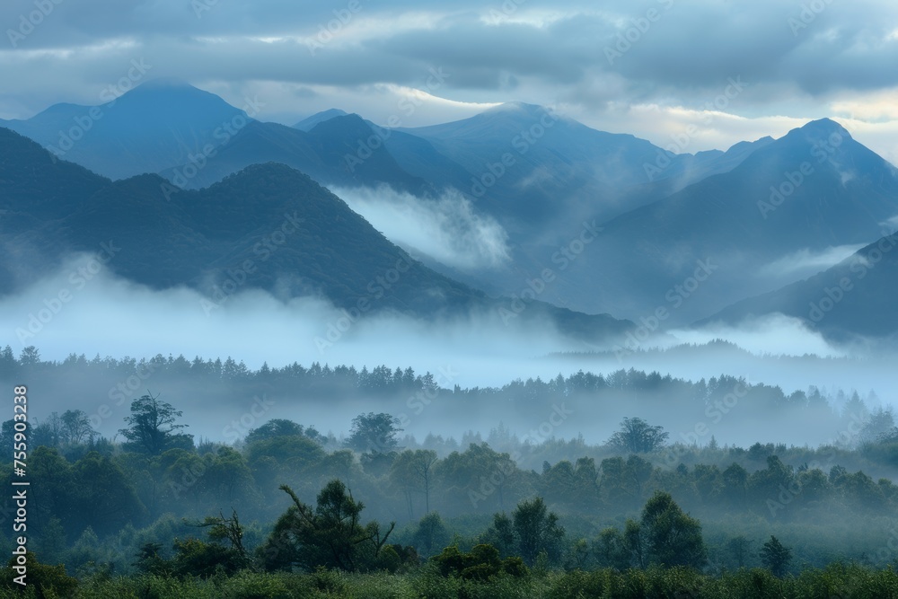 picture of beautiful mountains in a fog.