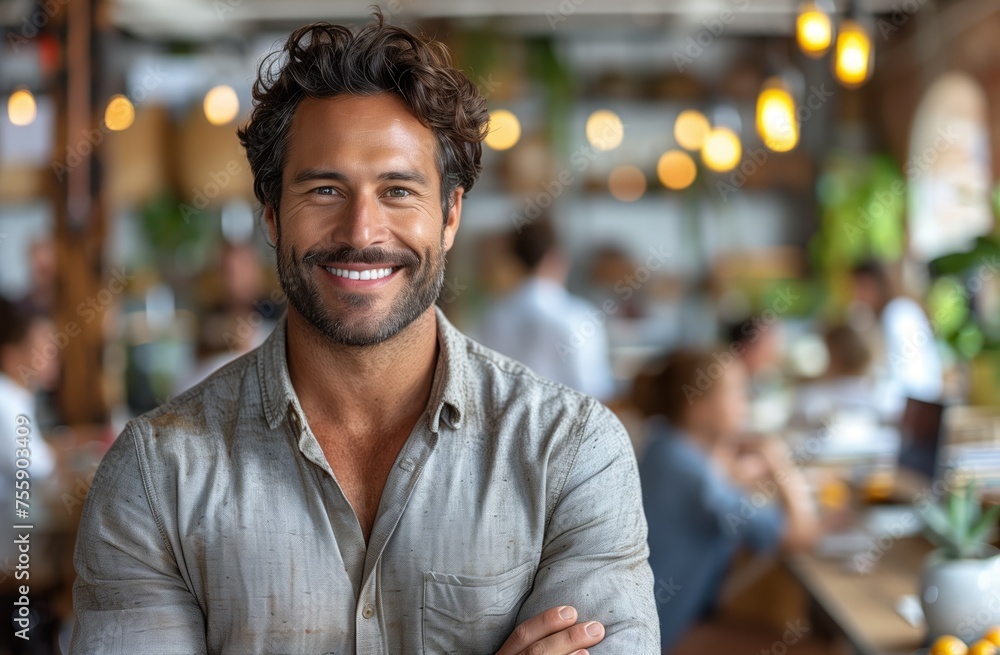 A man is happily smiling with crossed arms at a restaurant in the city A man is happily smiling with crossed arms at a restaurant in the city