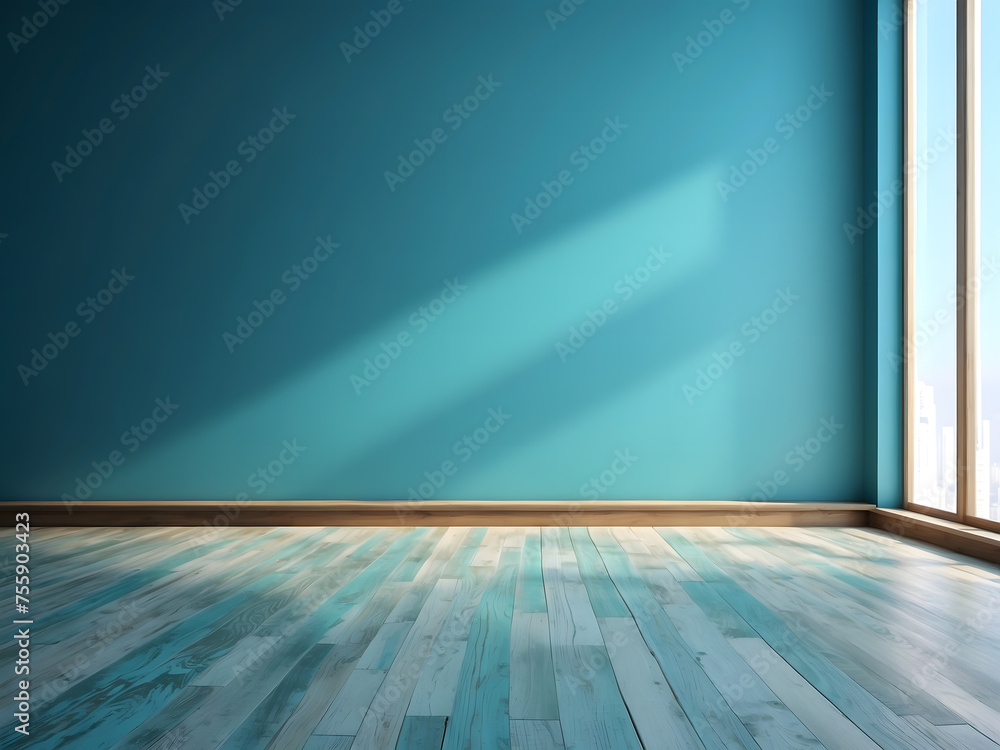Blue turquoise empty wall and wooden floor with interesting glare from the window. Interior background for the presentation design. Blue turquoise empty wall and wooden floor with interesting glare from the window. Interior background for the presentation design.