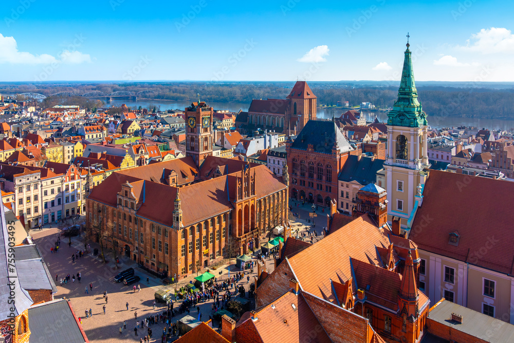 Aerial panoramic view of historical buildings and roofs in Polish medieval town Torun