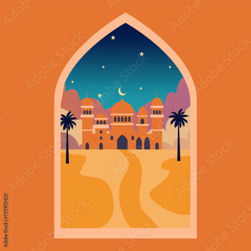 Islamic window with moon, mosque dome and stars. Desert landscape in oriental style, Ramadan month, modern boho design