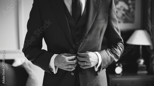 Groom buttoning his suit jacket 