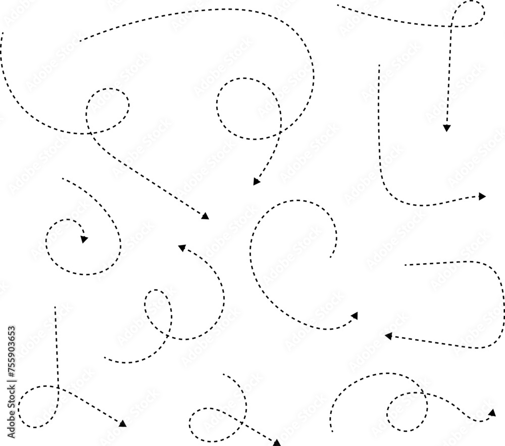Hand drawn dotted arrows. Hand drawn freehand different curved lines, swirls arrows. Curved arrow line. Doodle, sketch style. Isolated Vector illustration.