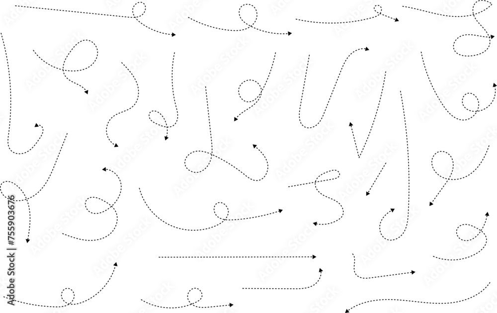 Hand drawn dotted arrows. Hand drawn freehand different curved lines, swirls arrows. Curved arrow line. Doodle, sketch style. Isolated Vector illustration. Hand drawn dotted arrows. Hand drawn freehand different curved lines, swirls arrows. Curved arrow line. Doodle, sketch style. Isolated Vector illustration.