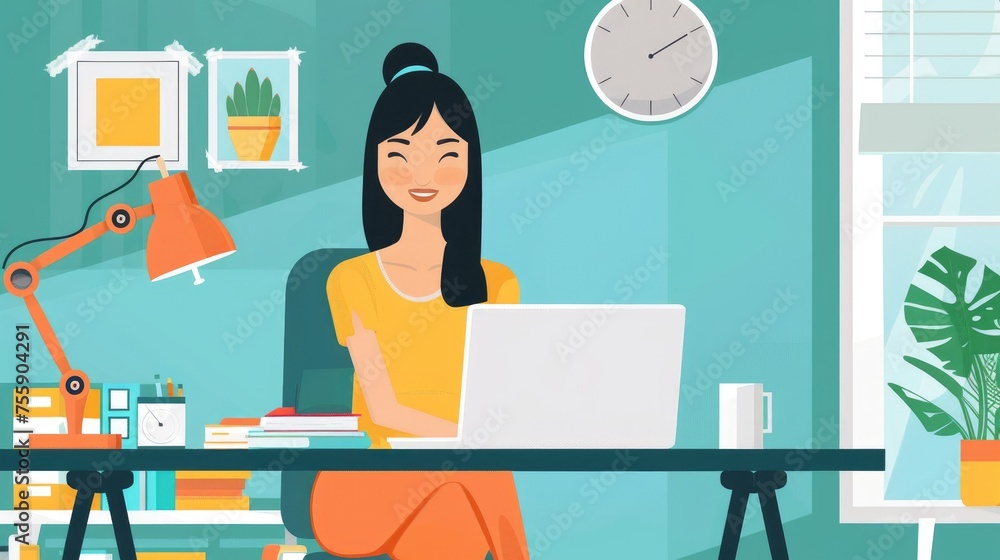 Asian Woman Enjoying Work Laptop on Desk in Home Settin Asian Woman Enjoying Work Laptop on Desk in Home Settin