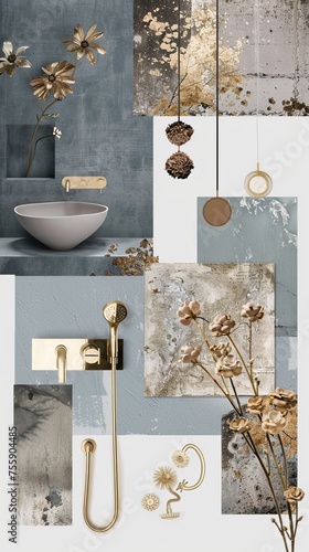 Modern bathroom design mood board with gold floral accents and a minimalist basin.