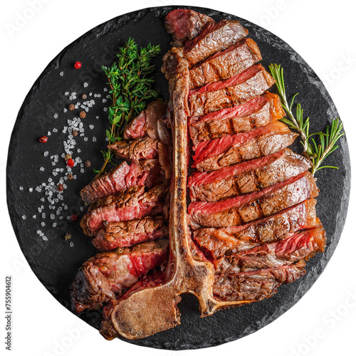 Fotografie Dry Aged Barbecue Porterhouse Steak T-bone beef steak sliced with large fillet piece isolated on white background
