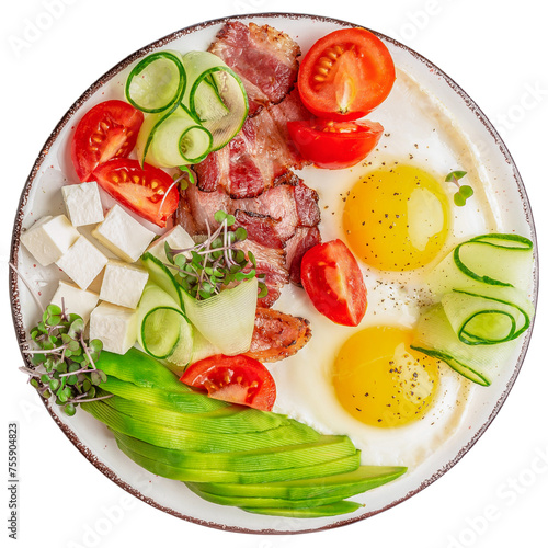 Healthy nutritious paleo keto breakfast diet Fried eggs, bacon, avocado, cheese and fresh salad isolated on white background. clipping path included
