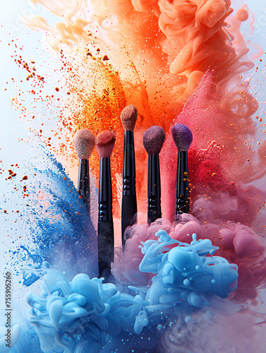 Makeup brushes amidst a colorful explosion of powder photo