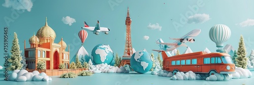 Travel and vacation concept with airplane flying over fictional location with various landmarks