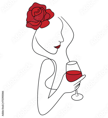 Girl with red wine and flower abstract outline vector on a white background
