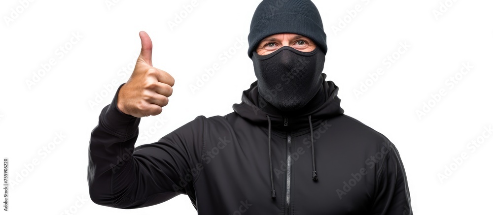 A man with a beard and a cap is wearing a mask and a scarf, giving a thumbs up gesture. He is also using sign language, with audio equipment nearby for communication A man with a beard and a cap is wearing a mask and a scarf, giving a thumbs up gesture. He is also using sign language, with audio equipment nearby for communication
