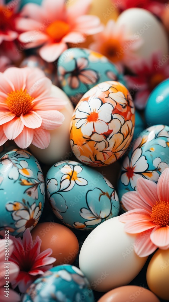 Happy Easter Greetings card of some colorful painted Easter eggs with different flower design, unique contemporary pattern. Floral composition. Happy Easter Greetings card of some colorful painted Easter eggs with different flower design, unique contemporary pattern. Floral composition.