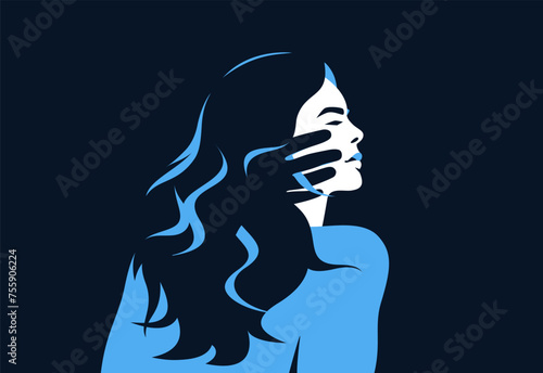 Violence against women poster with strong young woman and male arm in her hair. Concept of domestic abuse and sexual harassment. Vector illustration