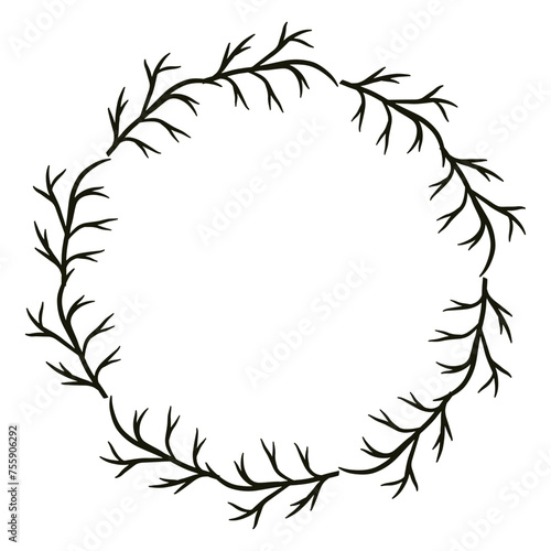 Simple branch w wreath  vector black ink illustration. Circle wreath for tag  card or invite