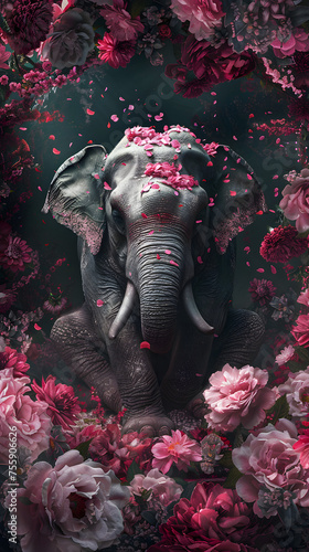 An elephant sitting surrounded by pink peonies with their petals falling on him. Dark grey background.